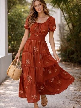 Rust Embroidered Smocked Boho Maxi Dress PL